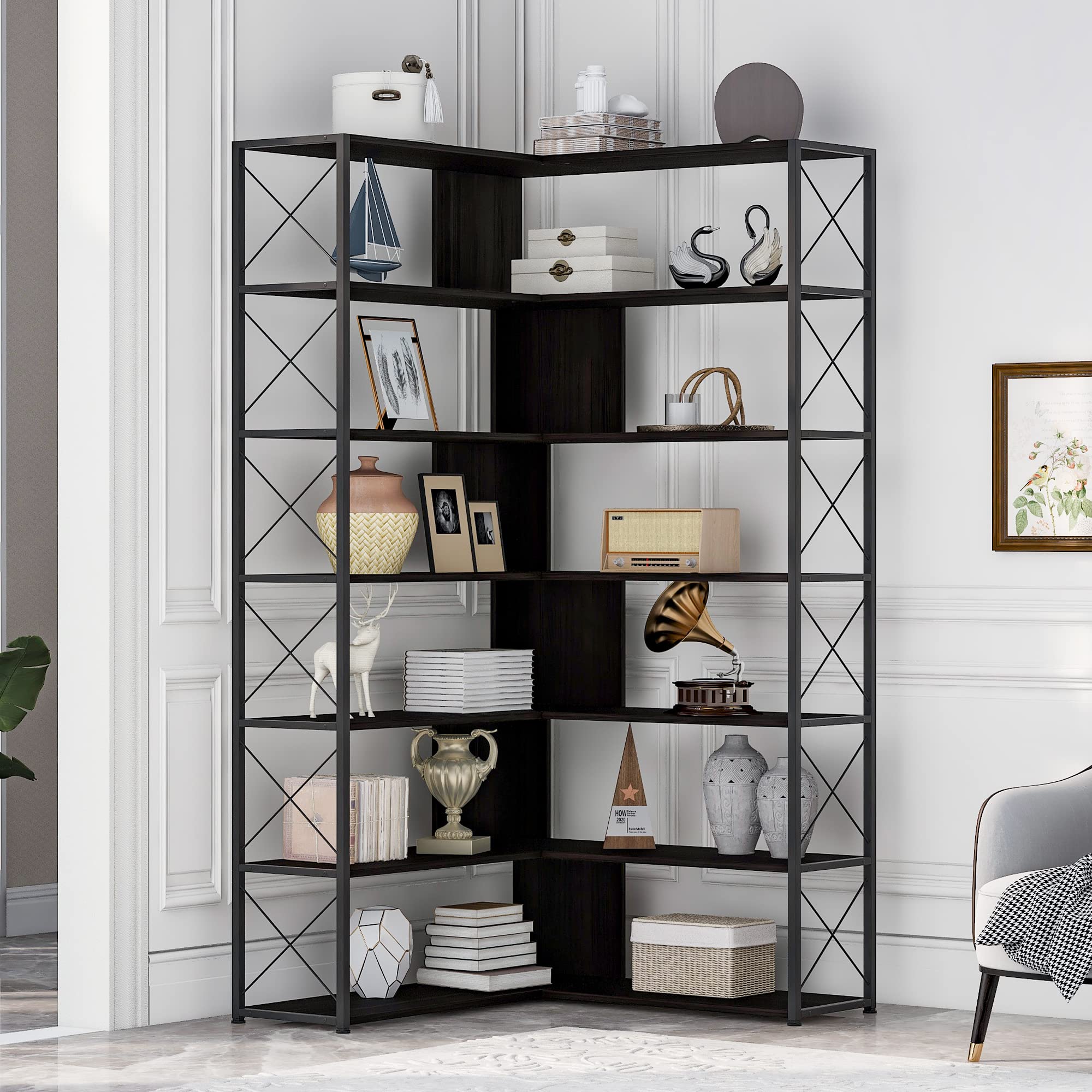 7-Tier L-Shaped Corner Bookcase - Industrial Style Metal Frame Bookshelf with Open Storage & MDF Board - Perfect for Home Office, Living Room, Bedroom & Library Organization