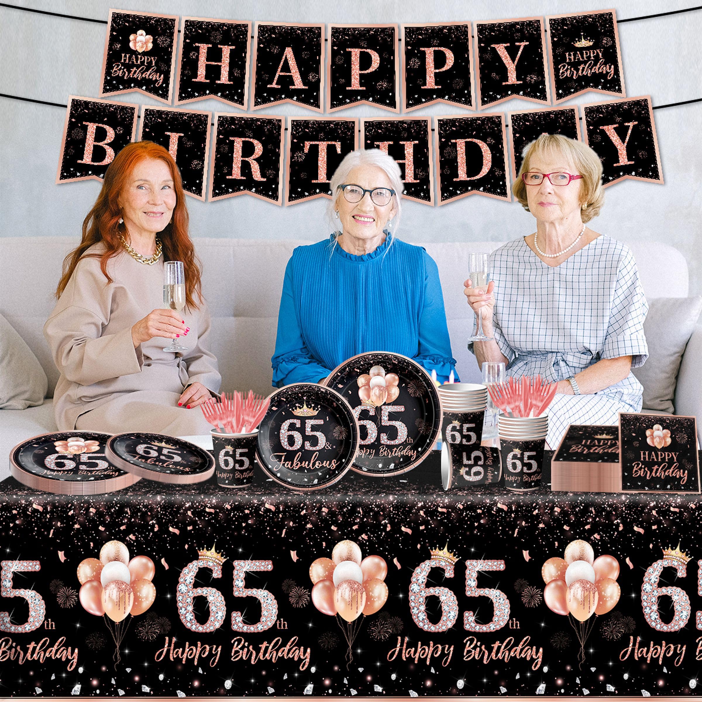 142Pcs Rose Gold 65th Birthday Party Tableware Set - Disposable Tablecloth, Plates, Napkins, Cups, Forks & Knives - Elegant Women's 65th Birthday Decorations - Perfect for Milestone Celebrations, Retirement Parties & Special Occasions