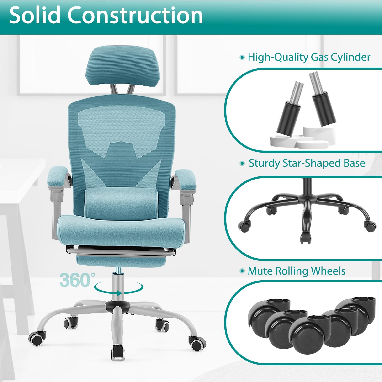 DUMOS Ergonomic Mesh Office Chair with Adjustable Footrest - High Back Swivel Rolling Recliner with Wheels, Headrest & Lumbar Support - Comfortable Armchair for Home Office, Gaming & Study (Blue) - Perfect for Long Work Sessions & Relaxation