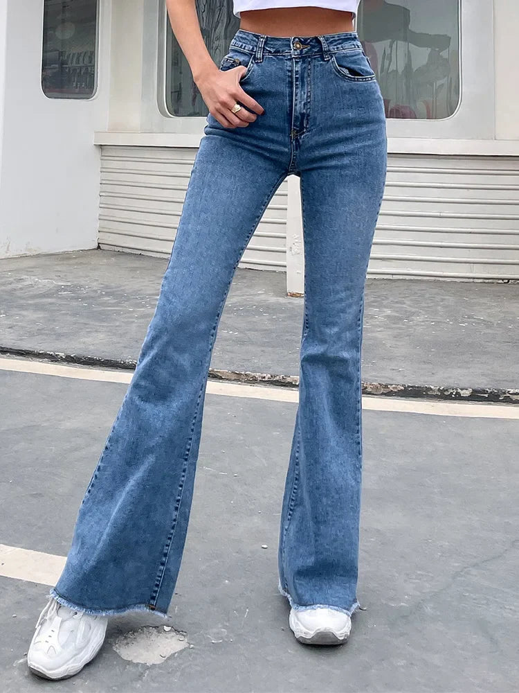 Benuynffy Women's High Waist Button Fly Raw Hem Flare Jeans - Slim Fit Full Length Denim Pants for Autumn Fashion | Perfect for Casual Outings, Date Nights & Office Wear