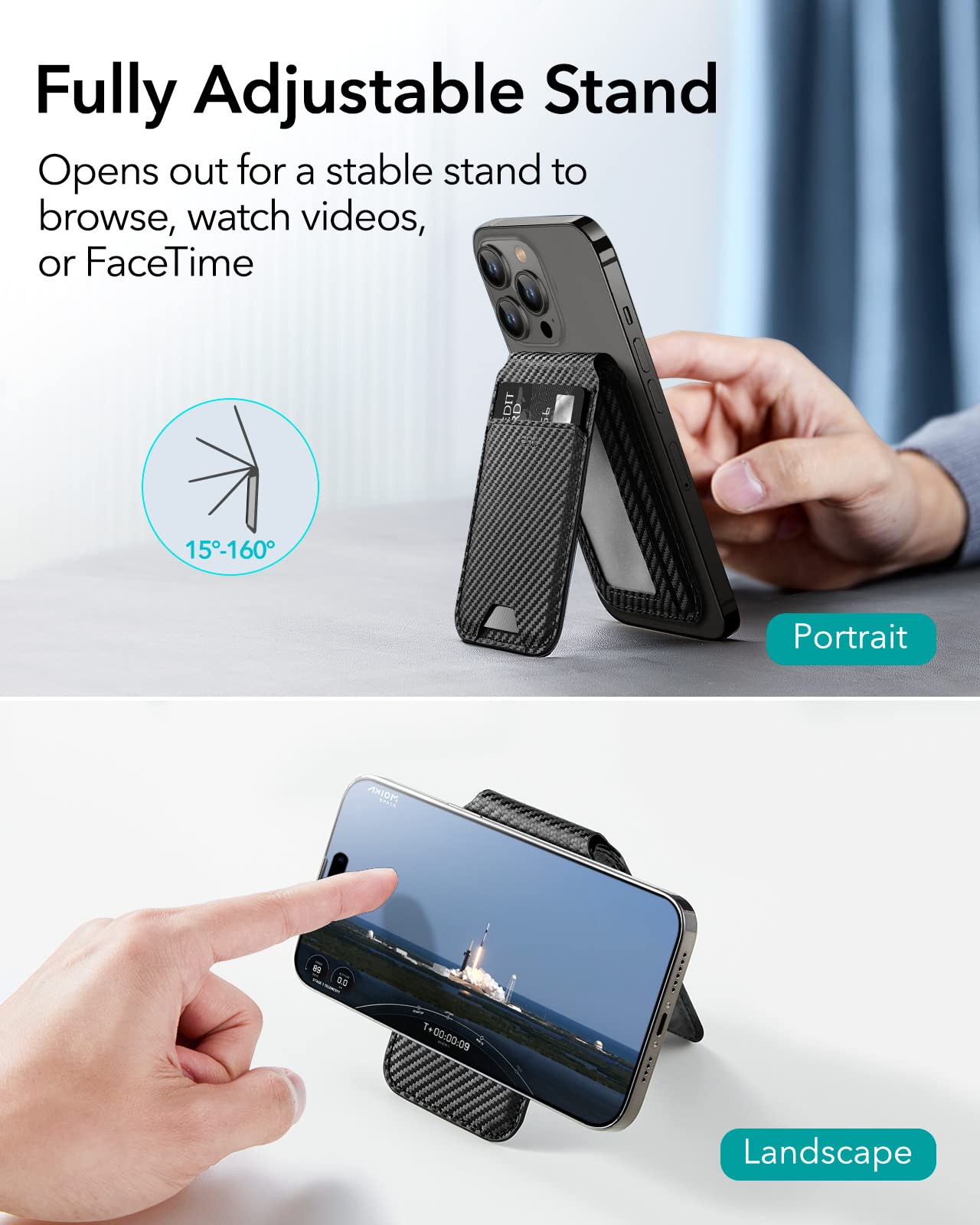 ESR MagSafe Wallet (HaloLock) - Magnetic Card Holder with Adjustable Stand for iPhone 16/15/14/13/12 Series (Not for iPhone 13/12 Mini) - 3 Card Slots, Vegan Leather & Carbon Fiber - Perfect for Daily Commute, Travel, and Hands-Free Viewing
