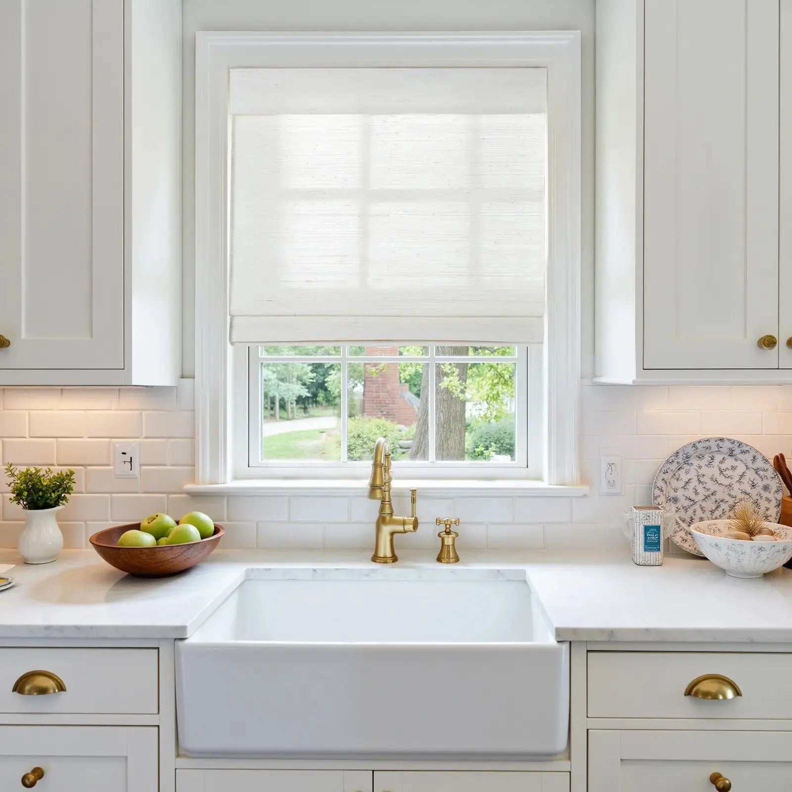 Natural Ramie Bamboo Woven Window Shade - Breathable Rattan White Roller Blind for Living Room, Bedroom & Patio Privacy