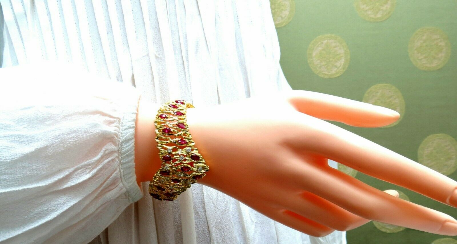 6.00ct Natural Ruby Diamond Coral Patina Chevron Cuff Bracelet 18K Gold - Elegant Statement Jewelry for Weddings, Parties & Special Occasions