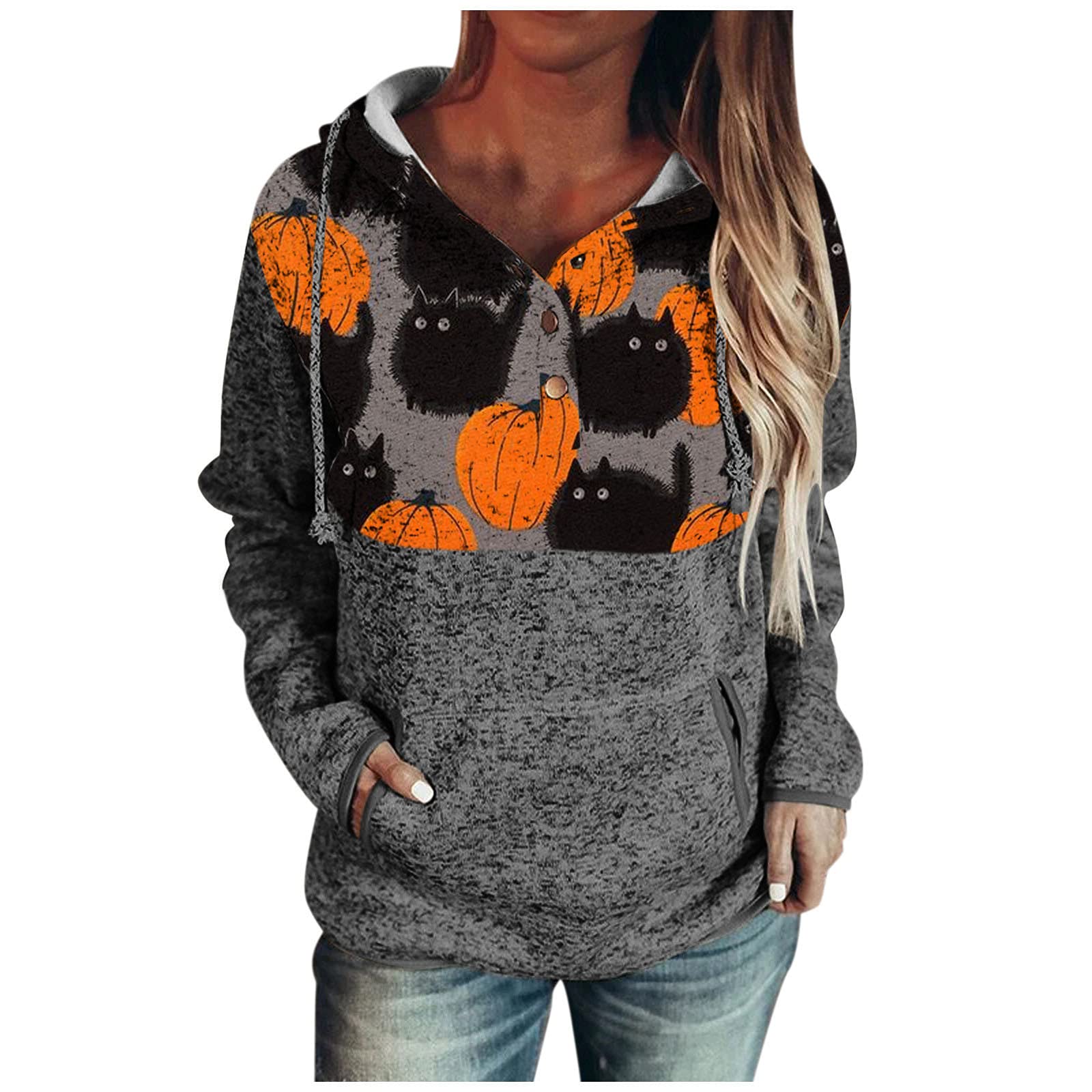 Women's Halloween Pumpkin Cat Print Long Sleeve Hoodie - Cozy Pullover Sweatshirt with Crewneck & Stitching Details | Perfect for Fall Festivals, Trick-or-Treating & Casual Outfits