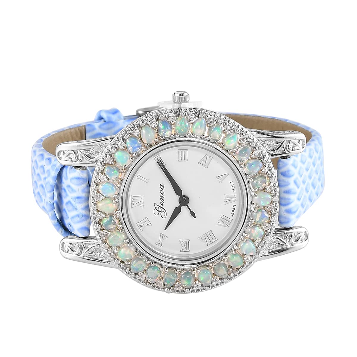 3.35 Carat Genuine Welo Opal & White Zircon Watch with Japanese Miyota Movement - Blue Leather Strap (Size 9.5
