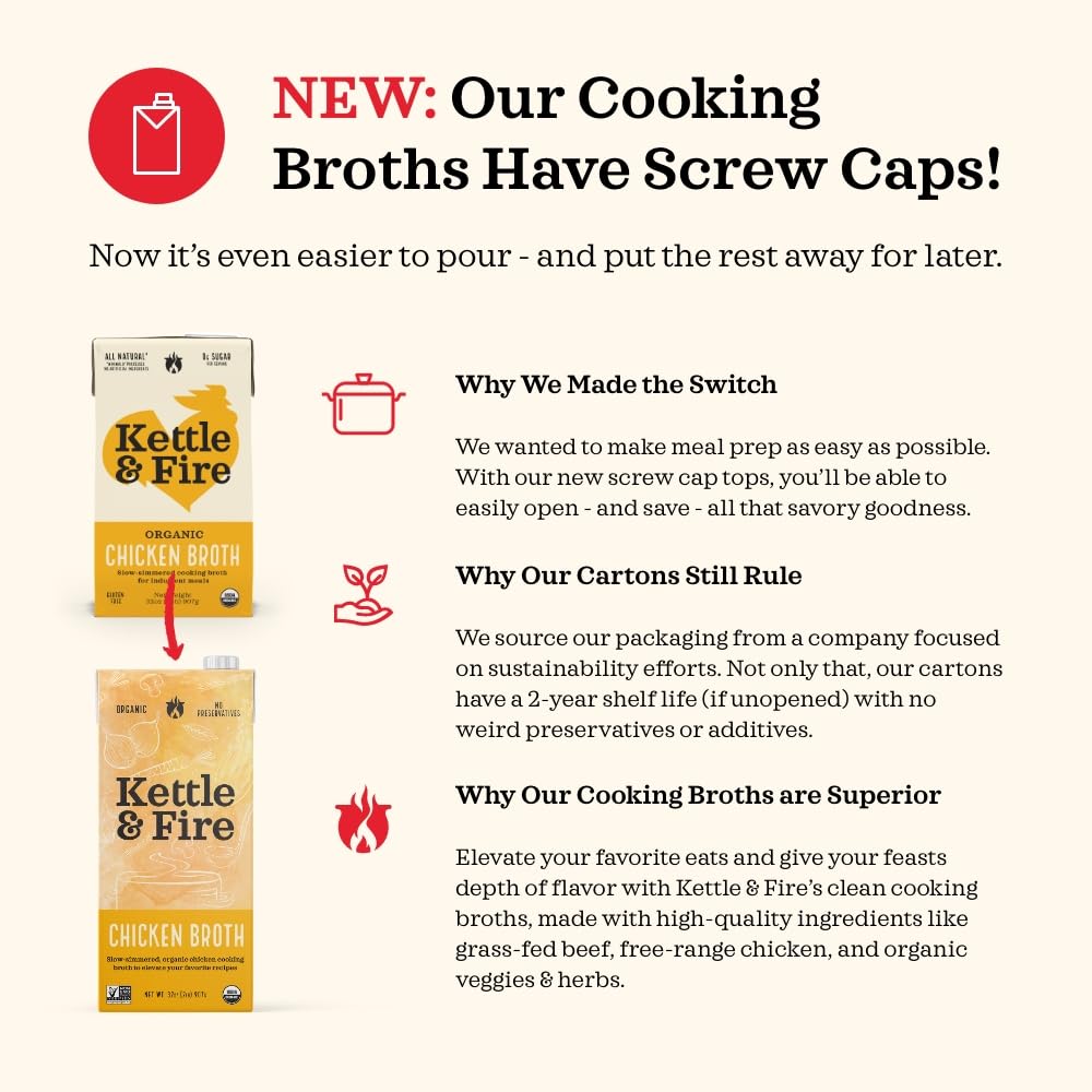 Organic Chicken Broth by Kettle & Fire - 32 Oz, USDA Certified, Gluten-Free Bone Broth for Cooking, Soups & Healthy Recipes - Perfect for Keto, Paleo & Immune Support
