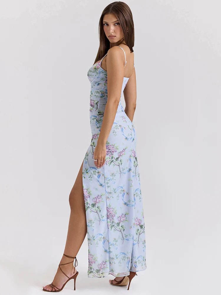 Blue Floral Print Mesh Maxi Dress for Women - Sleeveless Spaghetti Strap Backless Long Gown with Side Slit & Zipper | Perfect for Club Parties, Beach Vacations & Summer Evening Events