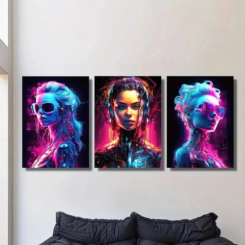3PCS Colorful Female Humanoid Robot Portrait Metal Prints - Wall Art Ready to Hang for Living Room, Bedroom & Office Decor