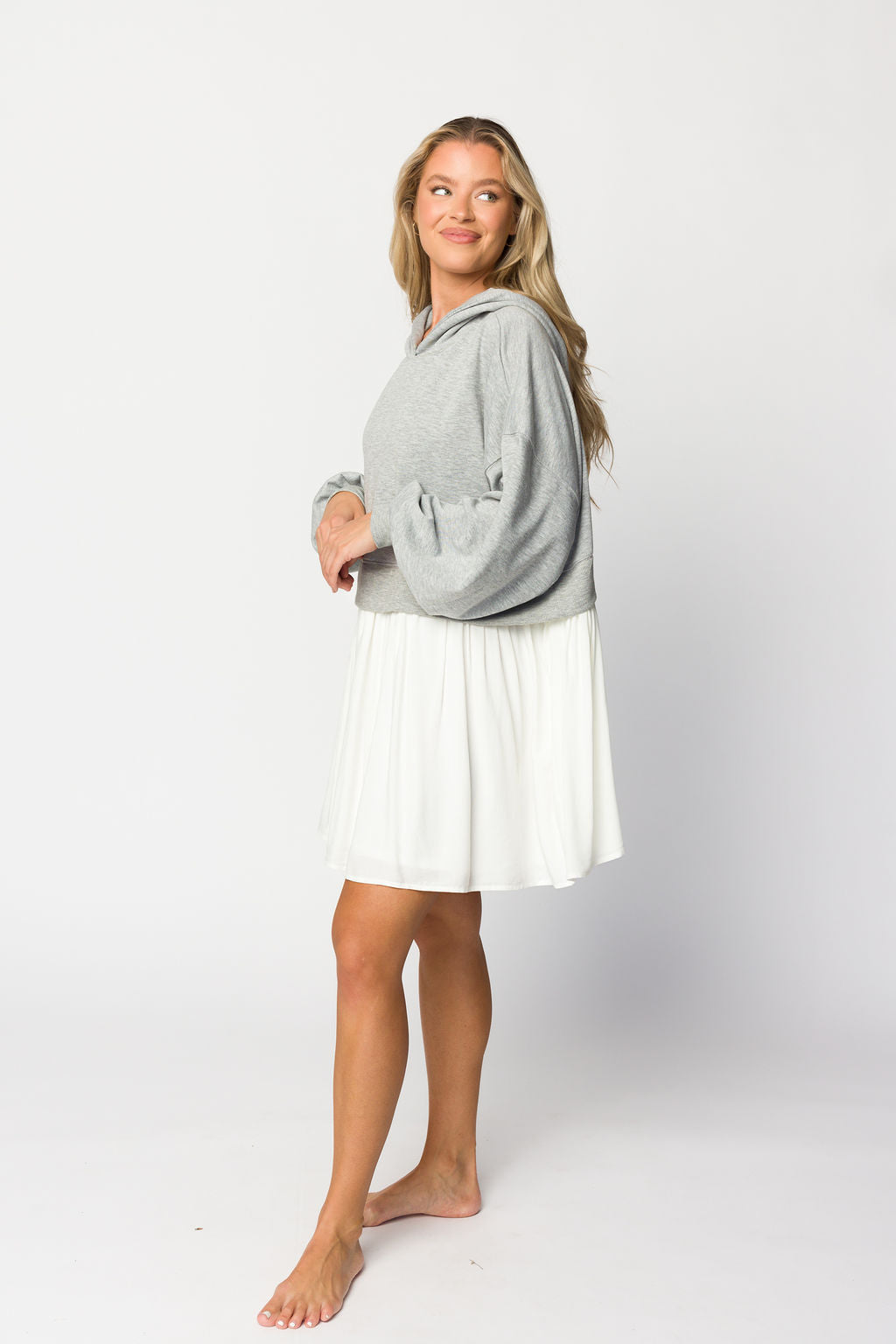 Caroline Hoodie & Babydoll Mini Dress - Heather Grey & Off White | Women's Casual Loungewear & Streetwear Fashion for Everyday Wear