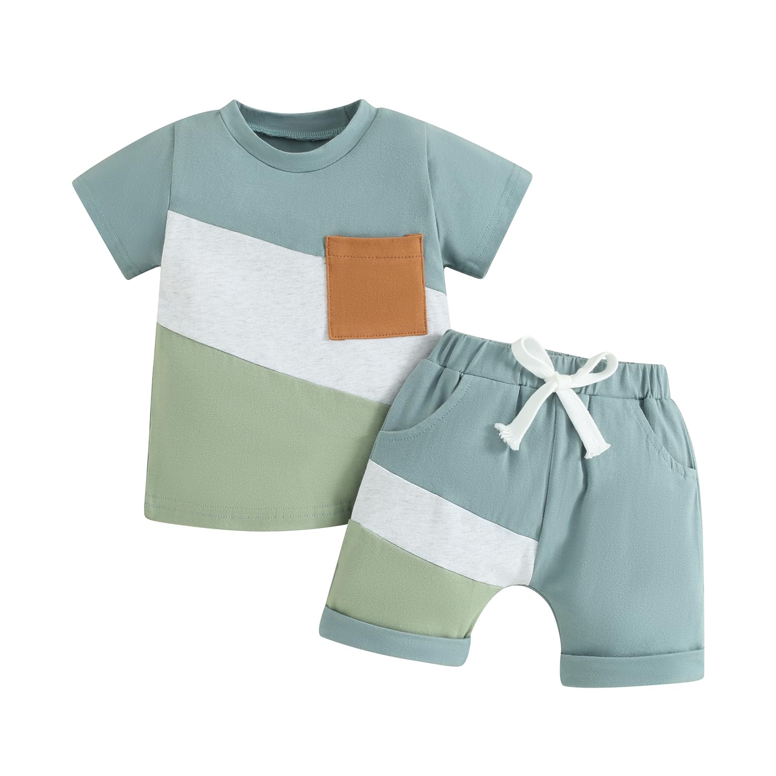 RTNNSBBFCM Newborn Baby Boy Summer Outfit - Short Sleeve Color Block T-Shirt with Front Pocket & Matching Shorts 2-Piece Set | Casual Wear for Infants, Playdates & Outdoor Activities