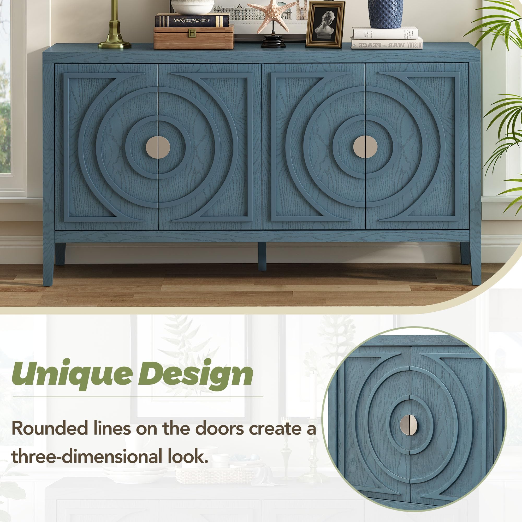 Merax Modern Rustic Wood Buffet Sideboard with Storage Shelf - 4 Door Coffee Bar Cabinet, TV Stand for Living Room, Bedroom, Dining Room & Kitchen - Antique Blue Home Furniture for Entertaining & Storage