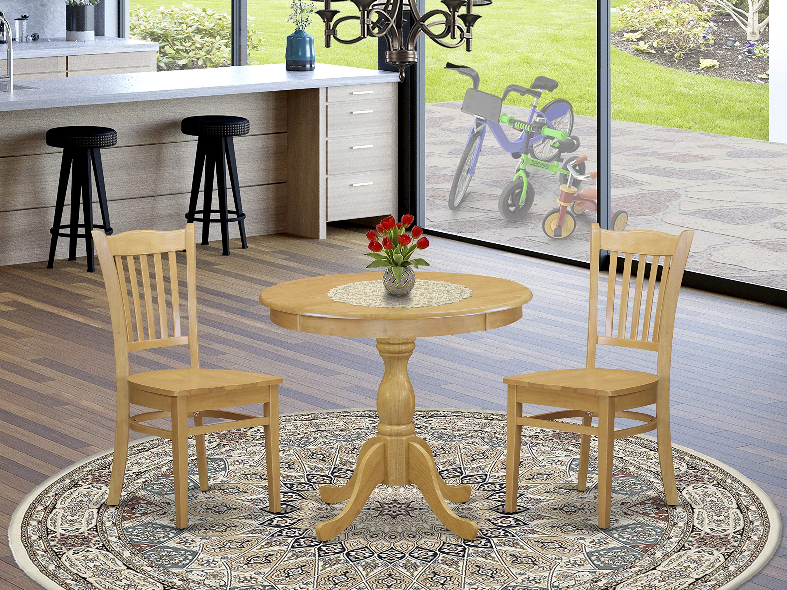 East West Furniture AMGR3-OAK-W 3 Piece Round Dining Table Set with Pedestal Base & 2 Chairs for Small Spaces - 36x36 Inch, Oak Finish - Perfect for Compact Kitchens, Breakfast Nooks & Studio Apartments