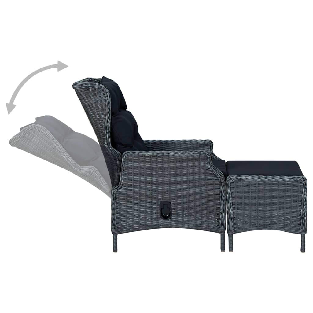 **Dark Gray Reclining Garden Chair with Cushions & Footstool – Outdoor Patio, Balcony, Terrace Lounge Seating – Durable Poly Rattan Furniture for Relaxing & Sunbathing**