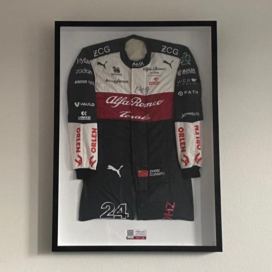 Authentic Signed Race-Worn Zhou Guanyu F1 Suit - Gulf Air Bahrain Grand Prix 2023 | Collectible Motorsport Memorabilia for Display & Investment