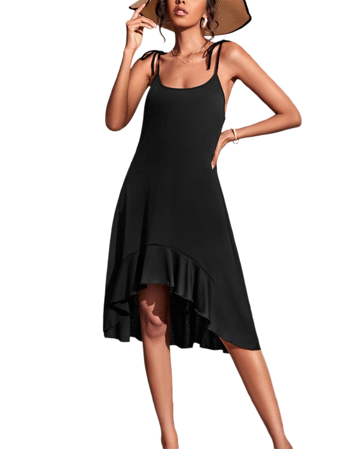 SheIn Women's Scoop Neck Tie Shoulder Sleeveless Ruffle Hem Midi Dress - Summer Beach Party, Wedding Guest & Casual Outfit