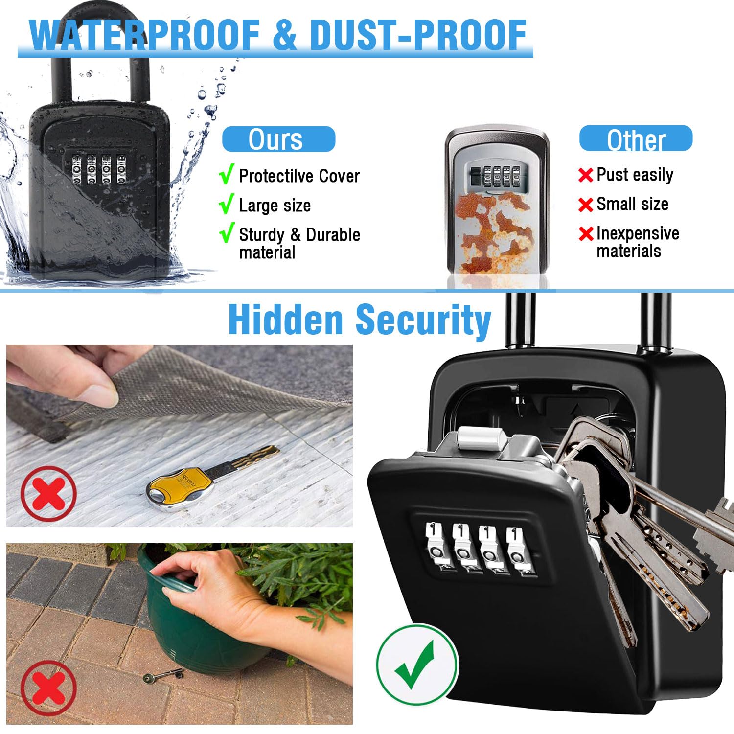 4-Digit Combination Key Lock Box - Resettable Code Security Key Safe for Home, Office, Garage, Gym | Waterproof Outdoor Key Storage with Removable Shackle | Perfect for Airbnb, Vacation Rentals & Property Management