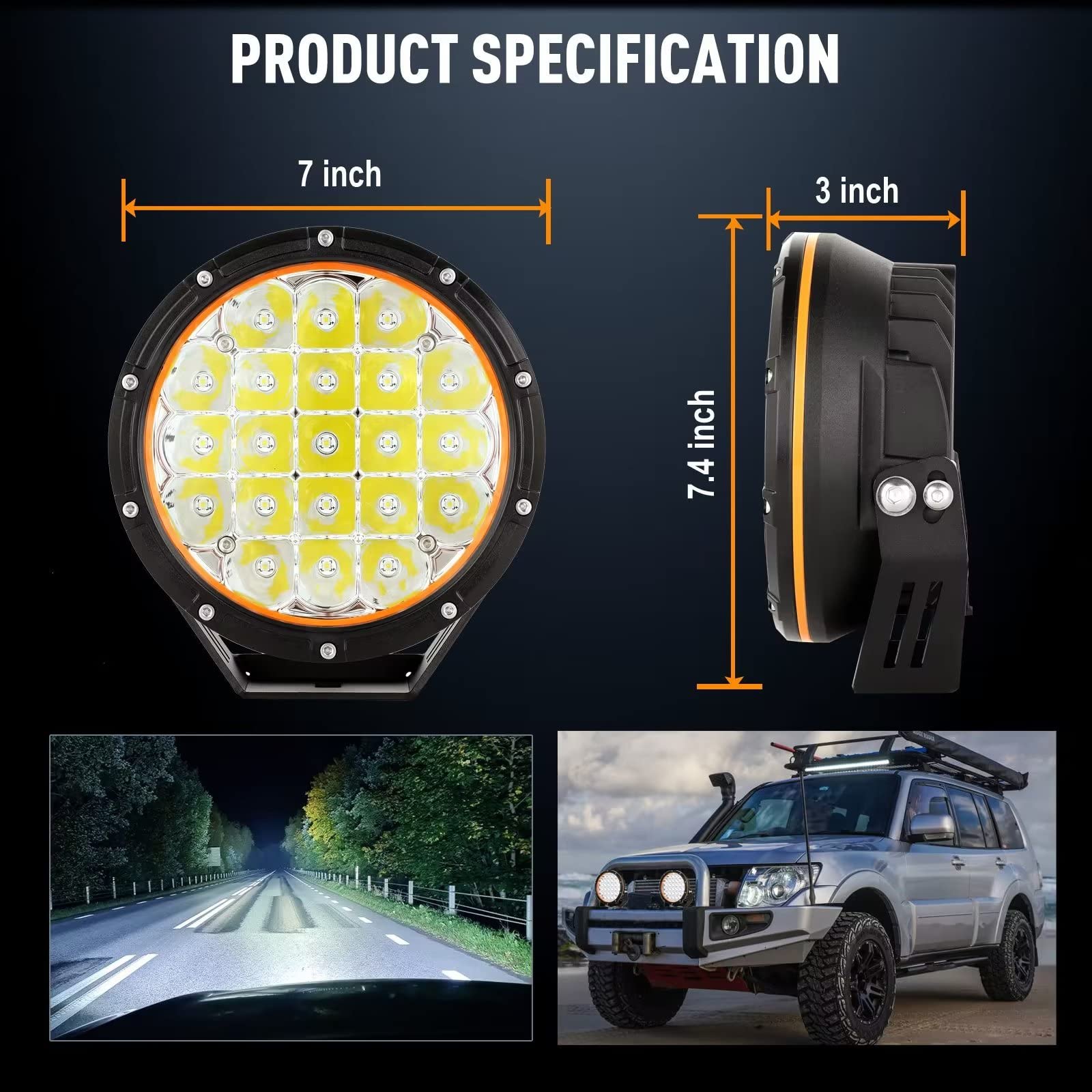 7inch 2PCS LED Off Road Lights - 210W 32000LM Super Bright Driving Lights with Amber Cover, 12V/24V Wiring Harness - Perfect for Pickup Trucks, SUVs & Offroad Adventures (Ideal for Night Driving, Camping & Trail Exploration)