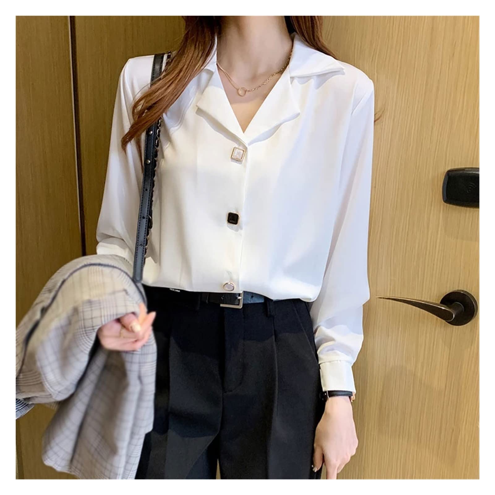 Elegant Long Sleeve White V-Neck Chiffon Blouse for Women - Soft Flowy Tops for Office, Party & Casual Wear (Color: White, Size: S)