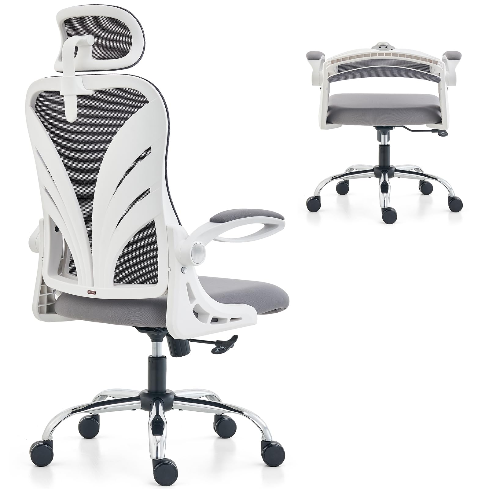 Ergonomic Office Chair with Adjustable Lumbar Support & Flip-Up Armrests - Foldable Backrest Computer Desk Chair for Big & Tall Users - White - Perfect for Home Office, Gaming, and Workspace Comfort