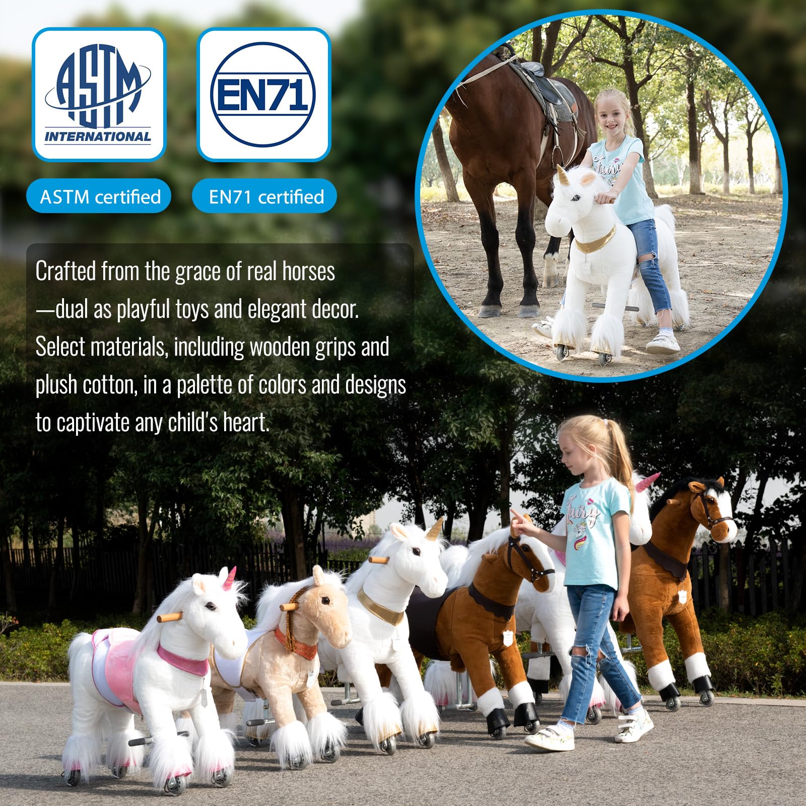 UFREE Ride-On Walking Horse Toy for Kids - 36 Inch Height, Best Birthday Gift for Girls Ages 4-9 | White Mane & Tail | Pretend Play, Outdoor Fun, Imaginative Playtime Gift