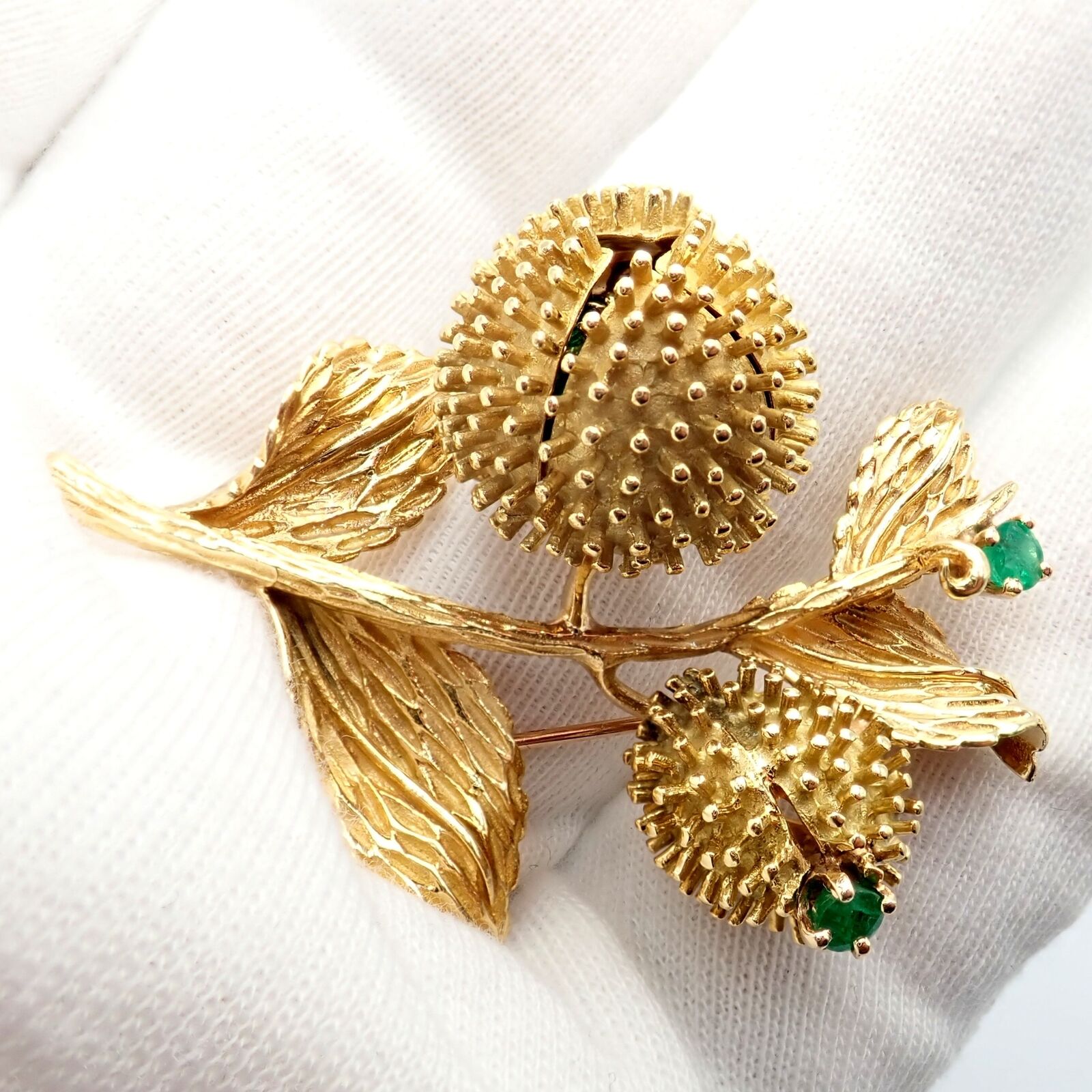Tiffany & Co 18k Yellow Gold Diamond and Emerald Flower Night & Day Brooch Pin - Vintage Luxury Jewelry for Women, Perfect for Special Occasions & Evening Events