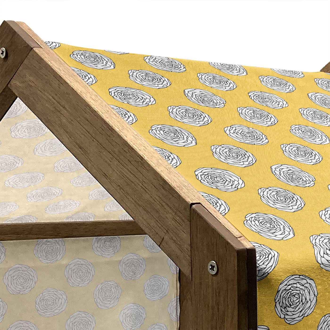 Lunarable Rose Wooden Dog House - Modern Graphic Style with Blooming Flower Petals, Portable Indoor & Outdoor Dog Kennel with Pillow & Cover, 2X-Large Size in Earth Yellow Grey - Perfect for Backyard, Patio or Living Room Pet Shelter