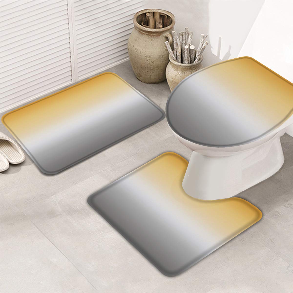Non-Slip Bathroom Rugs Set of 3 - Yellow Gray Ombre Absorbent Washable Bath Mat, U-Shaped Toilet Mat & Lid Cover - Soft Bathroom Floor Mats for Home, Shower, Vanity Area - Perfect for Modern & Cozy Bathrooms