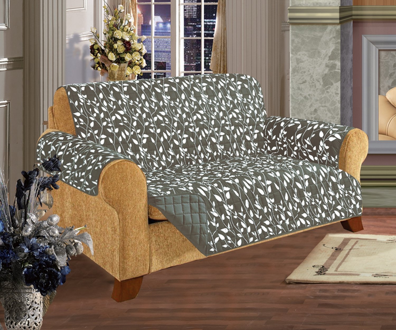 Quilted Furniture Protector for Pets & Kids - Non-Slip Microfiber Sofa Cover with 2 Ties, Soft as Egyptian Cotton, Green Leaf Pattern - Perfect for Couches, Chairs & Beds to Protect from Pet Hair, Spills & Stains