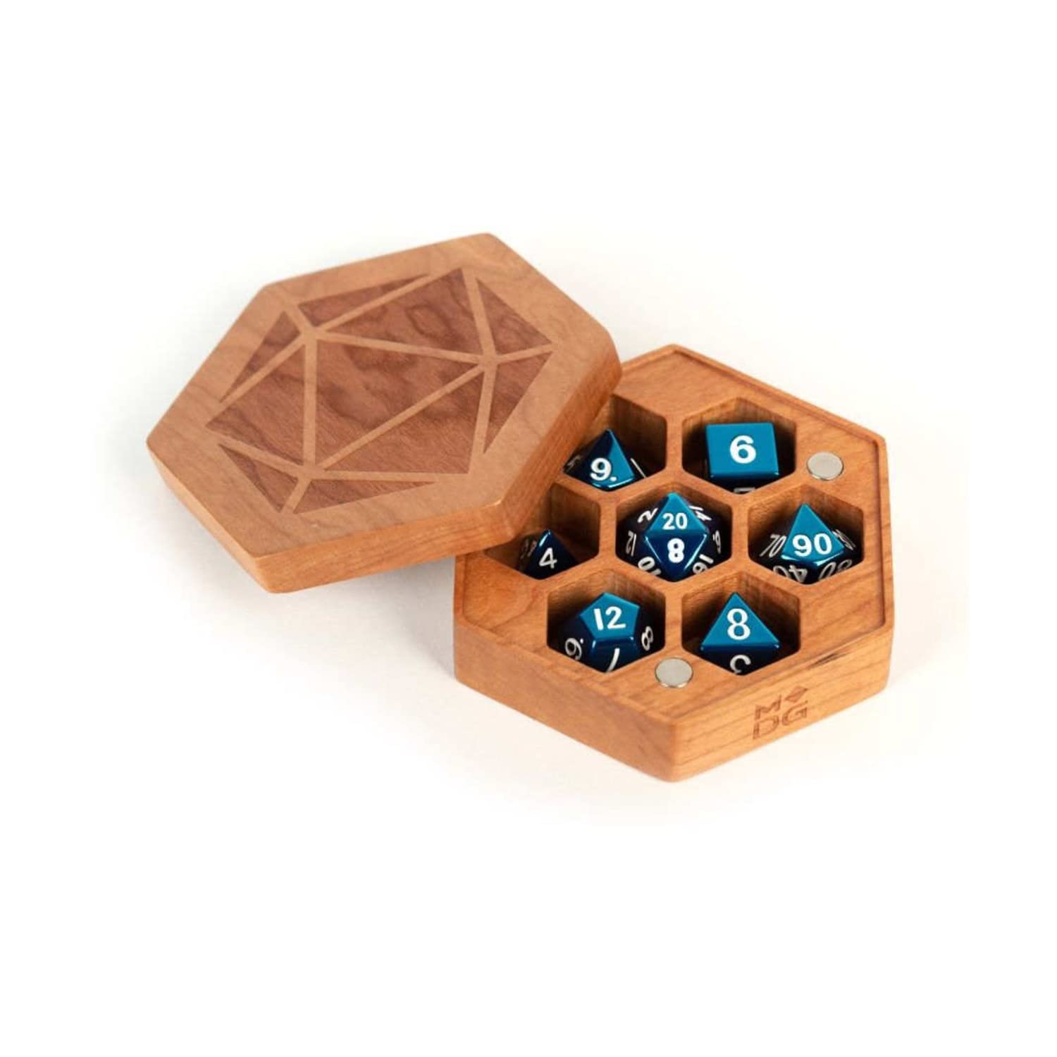 Hexagonal Cherry Wood Dice Case - Holds 7 Metal Dice for RPG, D&D, and Board Games - Perfect for Tabletop Gaming and Collectors
