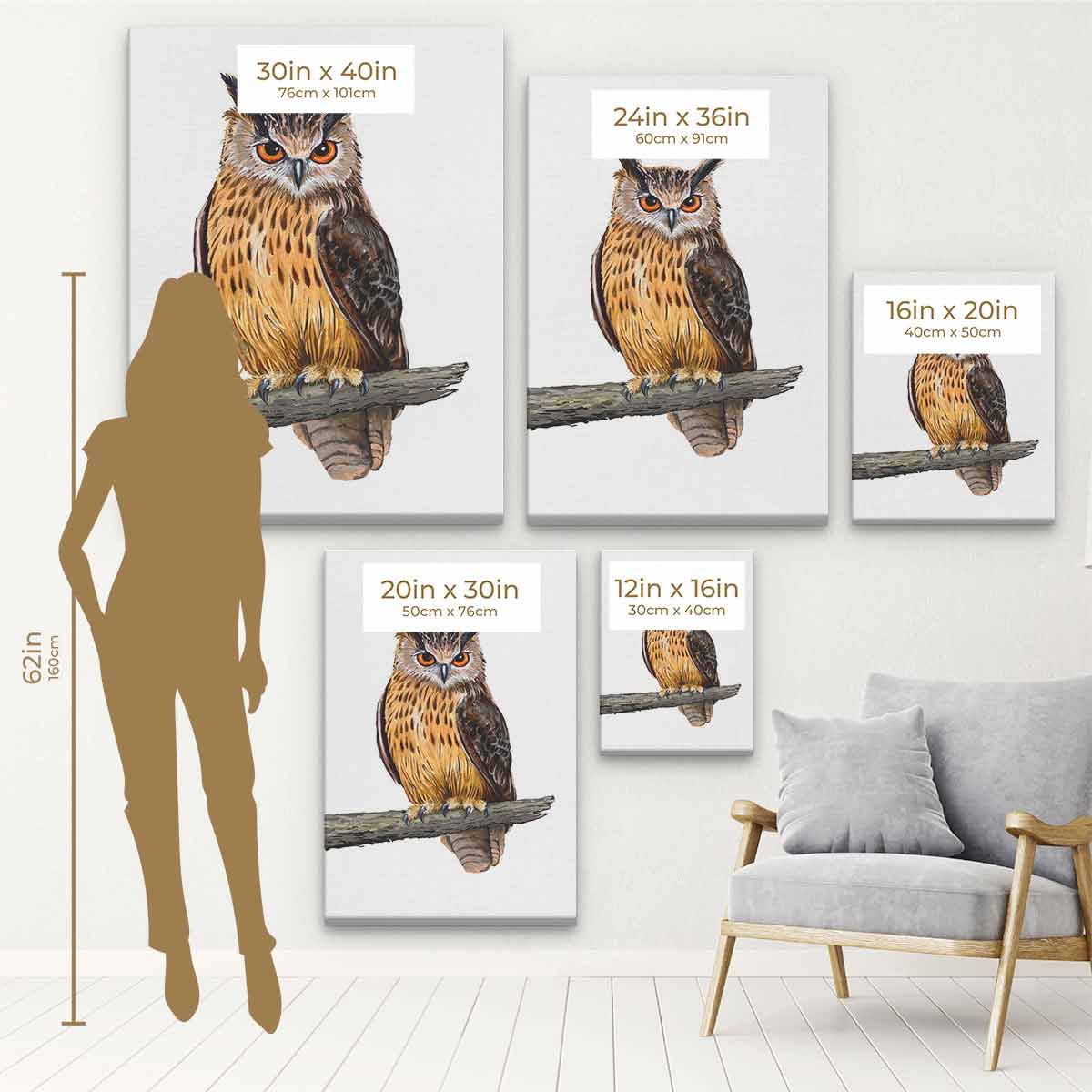 Brown Owl Wall Art Canvas Print - Handmade Home Decor for Living Room, Bedroom & Office - Nature Inspired Wildlife Painting (9855)