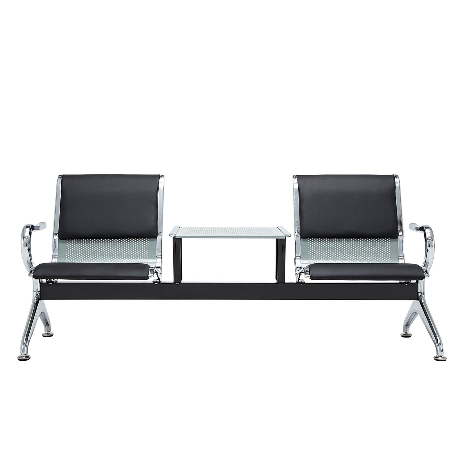 Walsport Black Leather Waiting Room Furniture Set - 2 Seater Reception Chairs with Matching Table for Airport, Office, Bank & Hospital Lobby Seating | Durable Commercial Furniture for Public Spaces