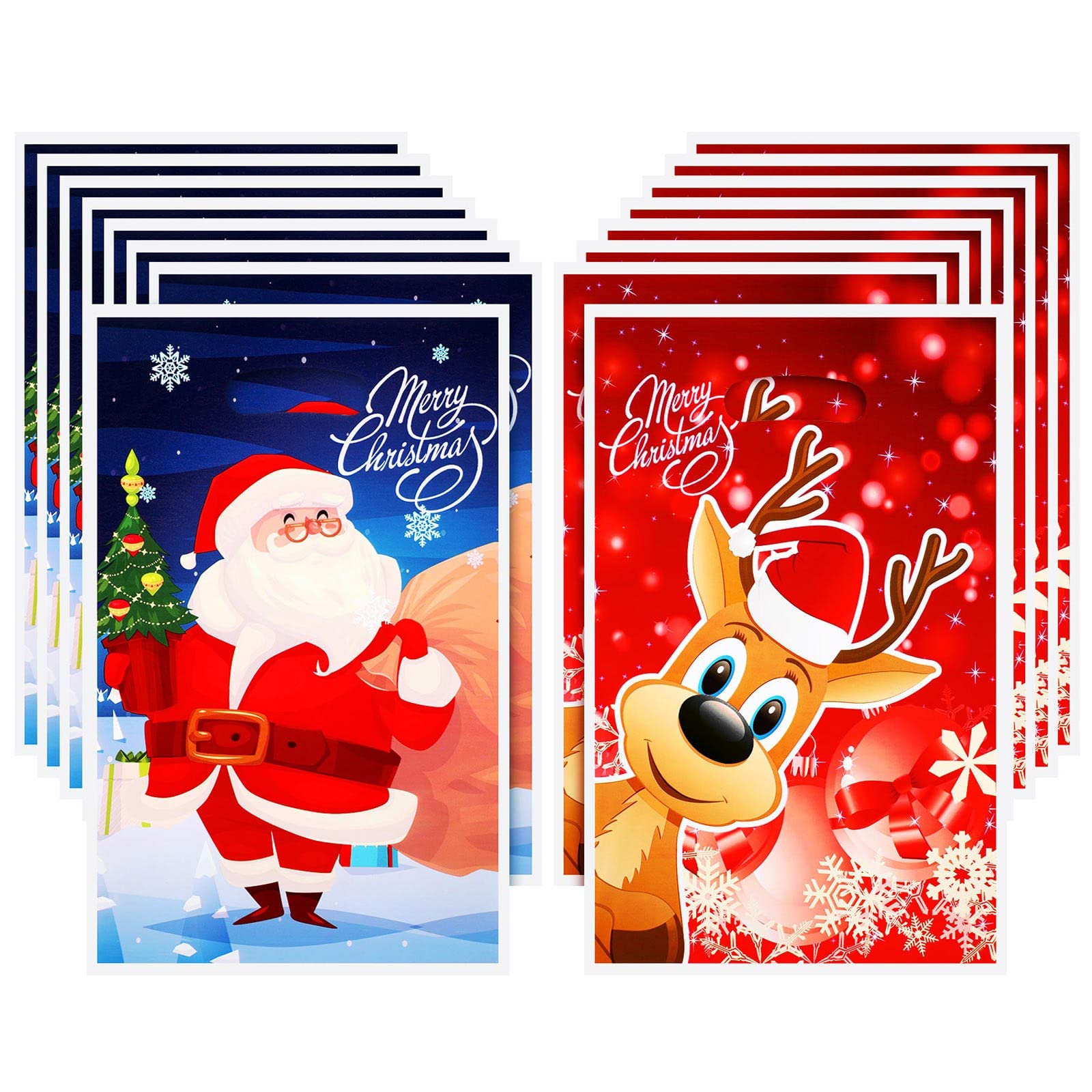 100 Pcs Christmas Plastic Goodie Bags - Santa & Elk Holiday Treat Bags for Party Favors, Gift Giving & Classroom Use - Perfect for Xmas Party Decorations, Candy Packaging & School Events
