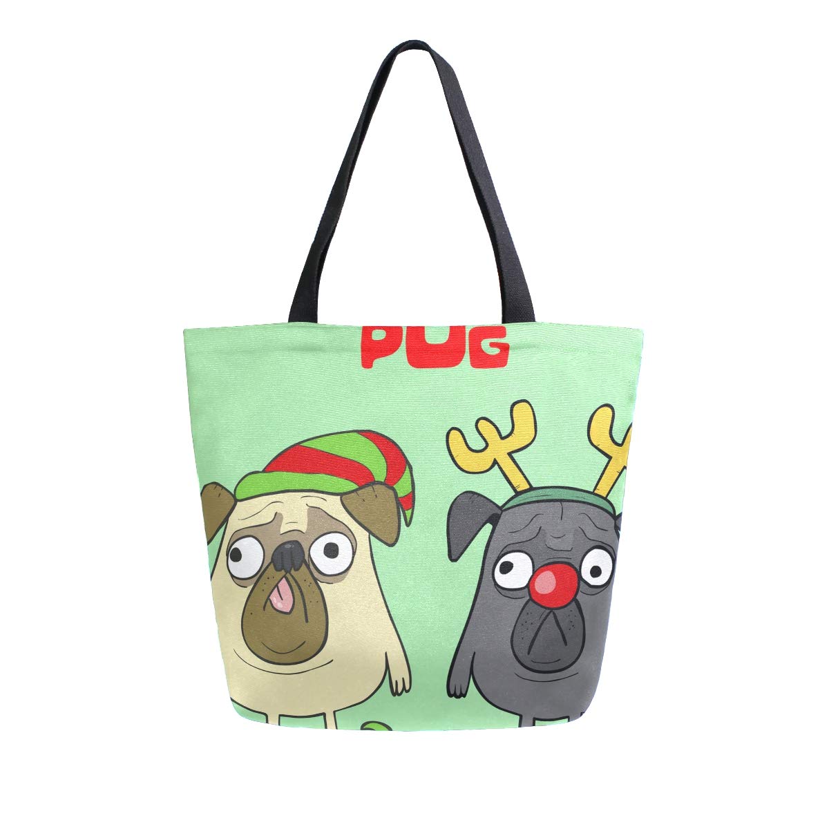 Christmas Pug Canvas Tote Bag - Reusable Grocery Shopping Bag with Sturdy Handles - Perfect for Holiday Shopping, Grocery Runs & Beach Trips