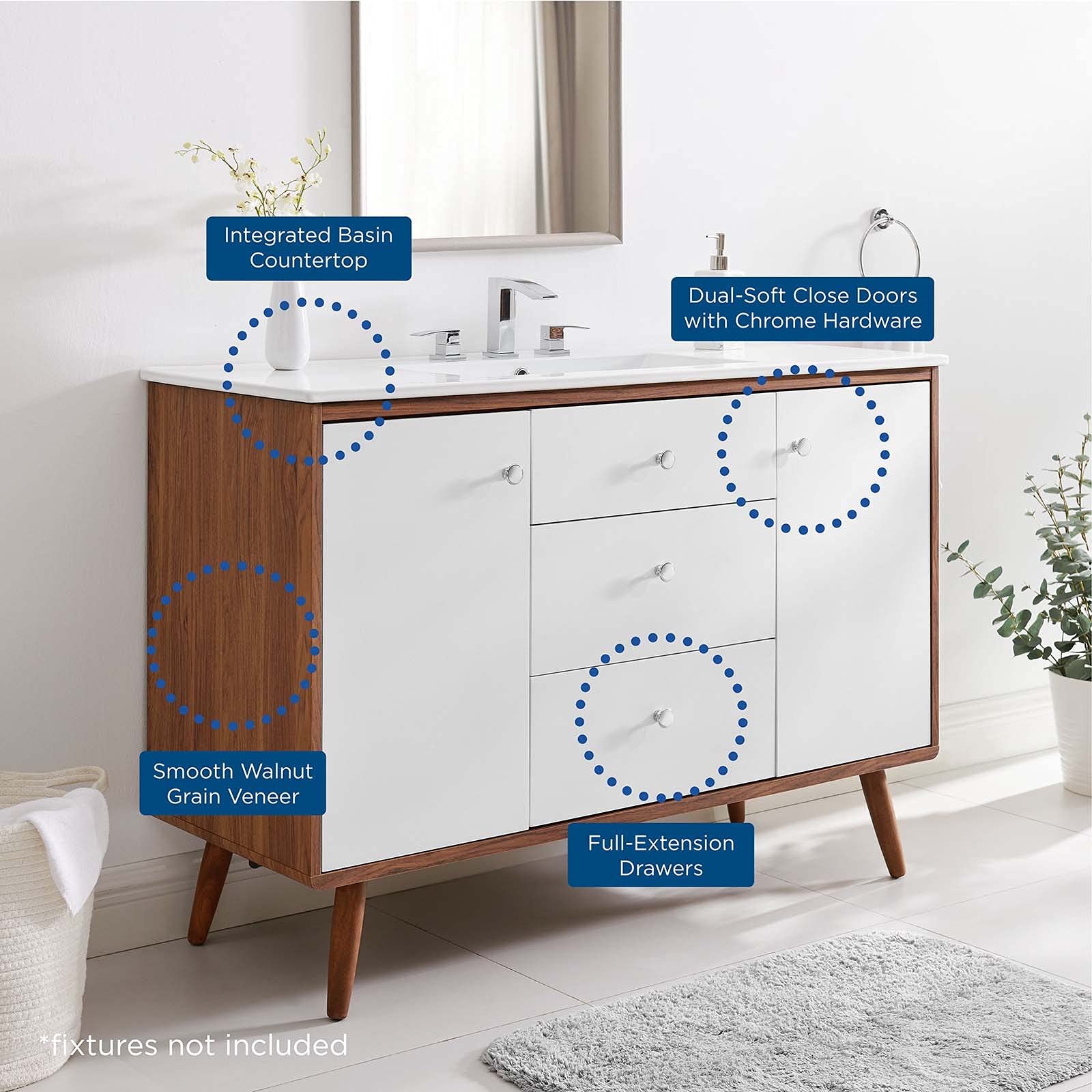 Modern Wooden Sink Vanity Cabinet - Brown Walnut & White Finish for Contemporary Bathrooms | Perfect for Hotel, Master Bedroom & Bathroom Decor