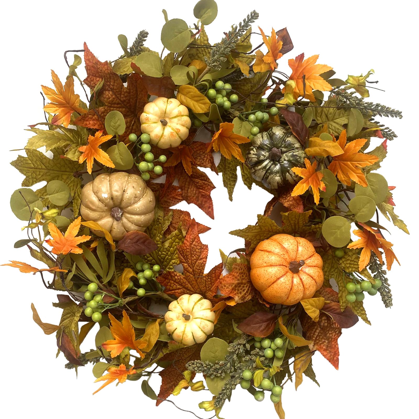20 Inch Autumn Wreath with Pumpkins, Maple Leaves & Green Berries - Fall Harvest Thanksgiving Door Hanging Wall Decor for Home, Front Porch & Seasonal Celebration