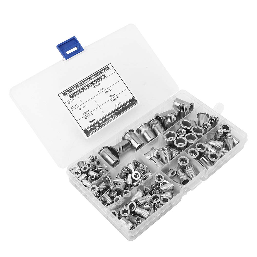 160Pcs 304 Stainless Steel Rivet Nut Fastener Kit - M3 to M10 Threaded Insert Nuts for Metal, Wood & Plastic - Perfect for DIY, Automotive, Furniture & Construction Projects