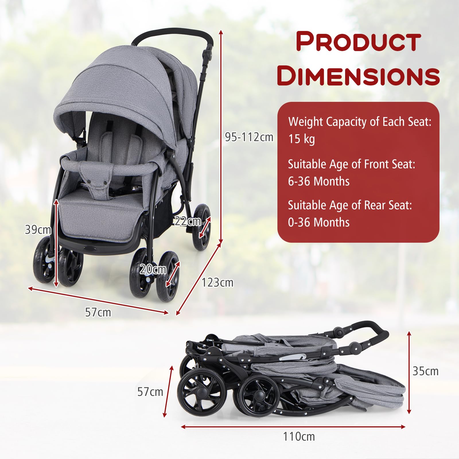 HONEY JOY Double Stroller - Lightweight Foldable Tandem Twin Stroller for Newborns & Toddlers with 5-Point Safety Harness, Reclining Seats & Storage Basket | Perfect for Twins, Siblings or Daycare Use (Gray)