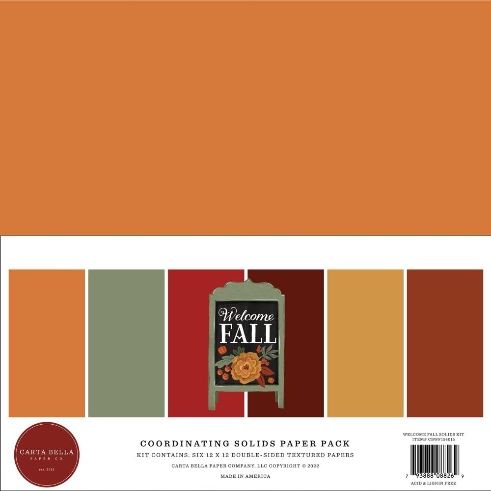 Echo Park Carta Bella Welcome Fall Scrapbooking Paper Bundle - 12x12 Inch Solid Paper Pack & 6x6 Inch Double Sided Paper Pack for Autumn Card Making, DIY Crafts, and Seasonal Home Decor