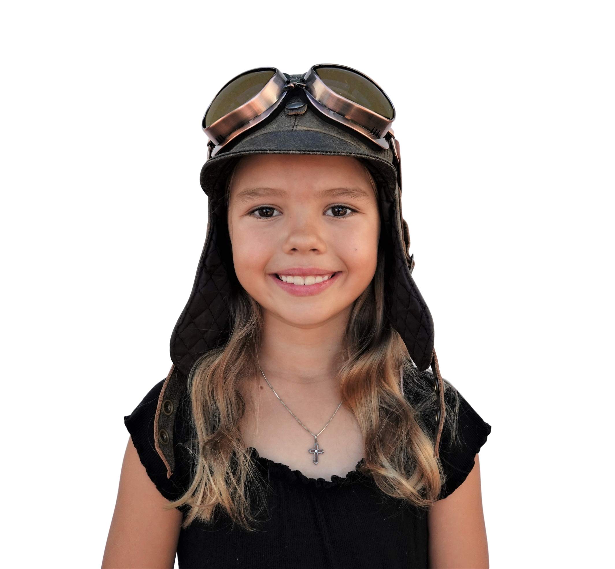 Kids Aviator Hat with Goggles - Genuine Brown Leather Pilot Cap for Boys & Girls - Adjustable Flying Helmet (Medium Size) - Perfect for Halloween Costumes, Dress Up Play & Aviation Themed Parties