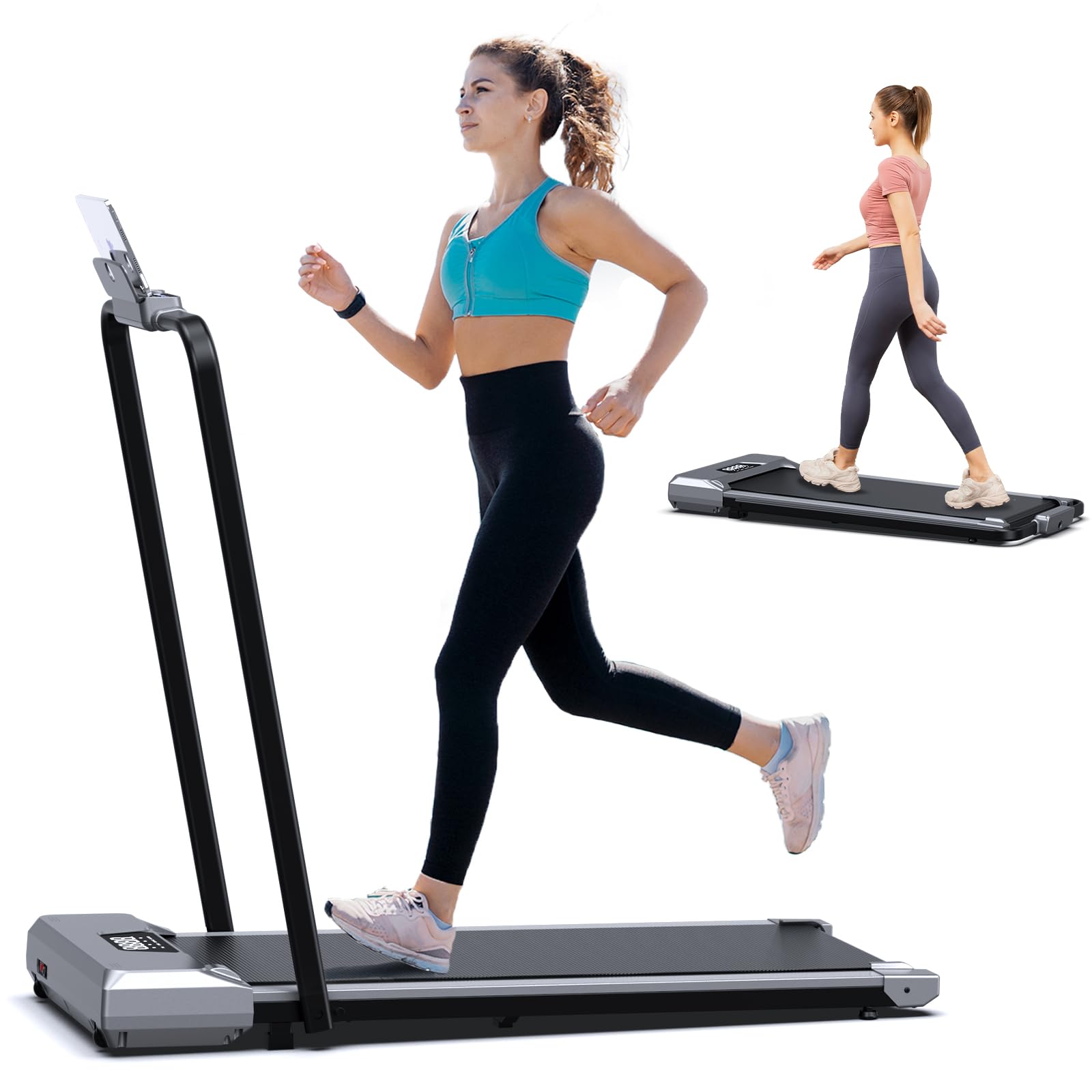 Under Desk Treadmill with Handle Bar - Portable Foldable Walking Pad for Home & Office - 2-in-1 Function, 4 Speed Modes, Quiet Motor, Remote Control & LED Display - Perfect for Workouts, Home Gym, Office Fitness & Small Spaces