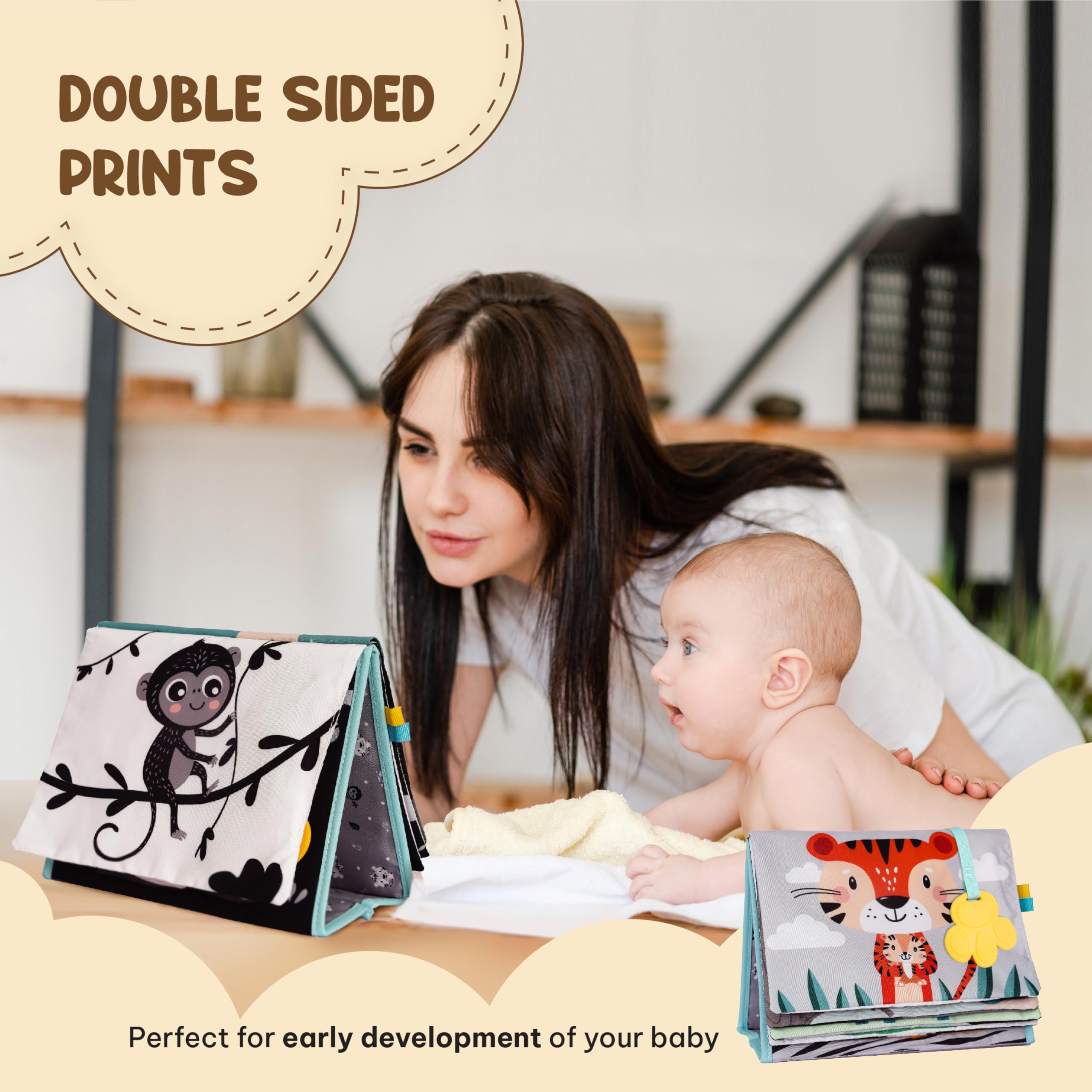 Baby Tummy Time Mirror - High Contrast Book with Safe Mirror, Silicone Teether & Crinkle Pages - Developmental Toys for Newborns 0-9 Months - Perfect for Sensory Play & Early Learning