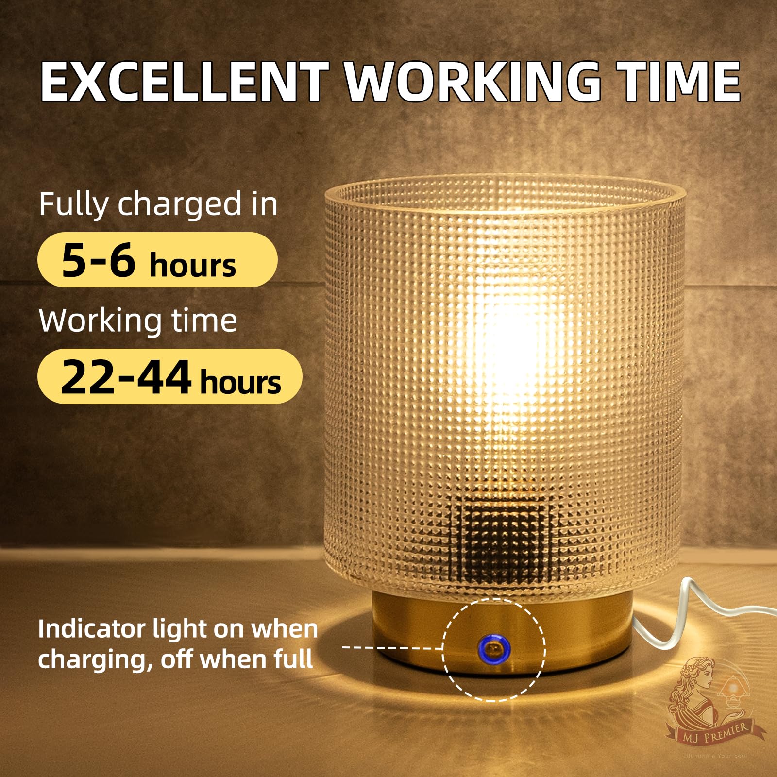 MJ PREMIER Rechargeable Cordless Table Lamp - Dimmable Touch Control Bedside Lamp with Glass Shade, Battery Operated Night Light for Bedroom, Living Room, Office & Home Decor | Perfect for Reading, Relaxing & Ambient Lighting