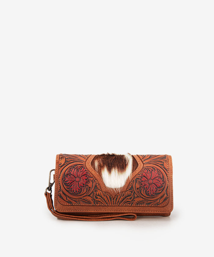 Trinity Ranch Floral Tooled Hair-On Cowhide Leather Wallet for Men & Women - Stylish Western Bifold Wallet for Everyday Use, Travel & Gifts