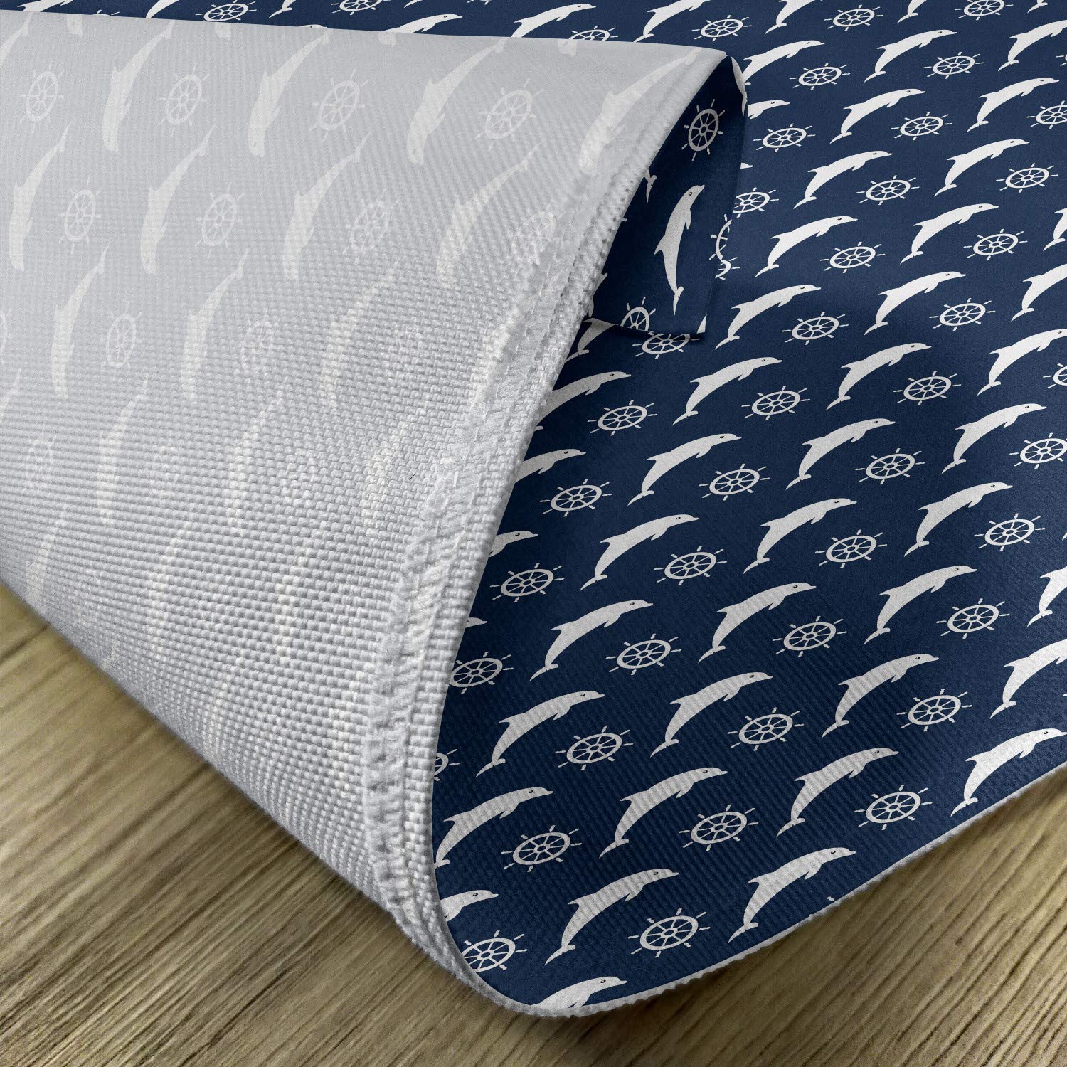 Lunarable Dolphin Place Mats Set of 4 - White Maritime Design with Dolphin Silhouettes & Steering Wheels - Washable Fabric Table Mats for Dining Room - Standard Size Night Blue - Perfect for Beach House Decor, Nautical Theme Parties & Coastal Style Dining
