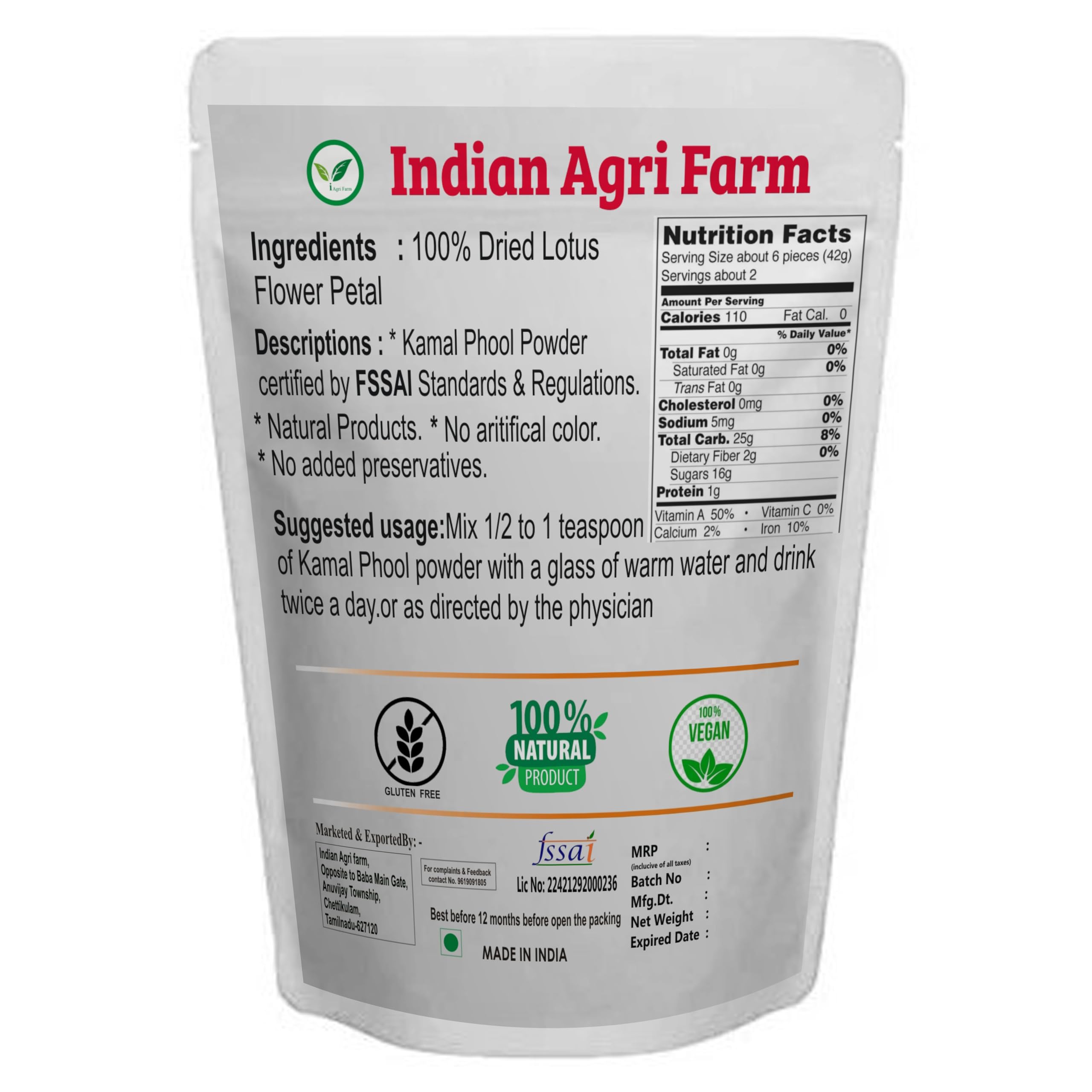 Organic Lotus Flower Petal Powder (Kamal Phool/Thamarai Poo) - 100g | Pure & Natural for Skin Care, Tea, Baking & Ayurvedic Remedies | USDA Certified, Vegan & Gluten-Free | Perfect for DIY Beauty, Herbal Tea & Healthy Recipes