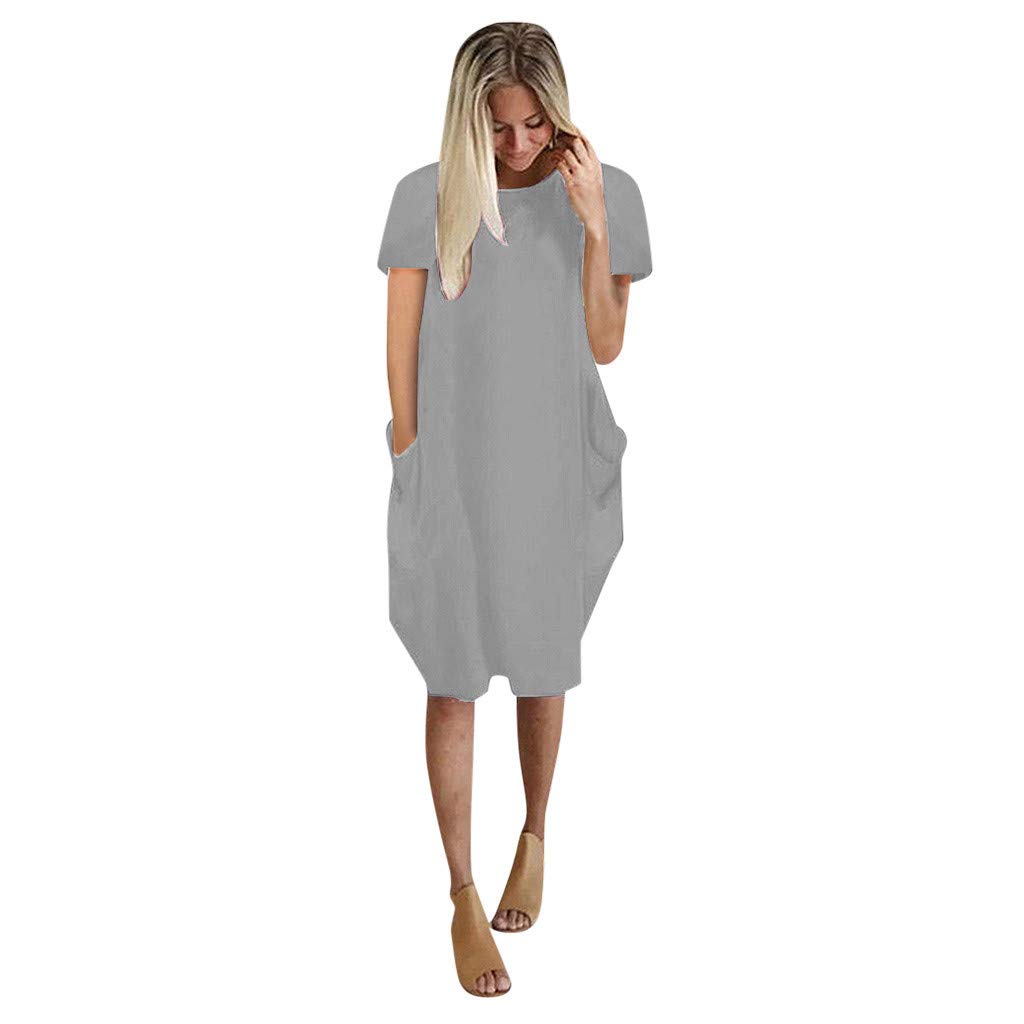 Women's Oversized Jumper Baggy Summer Dress with Pockets - Trendy Pullover Mini Dress, Short Sleeve Grey - Perfect for Beach, Vacation & Casual Outings