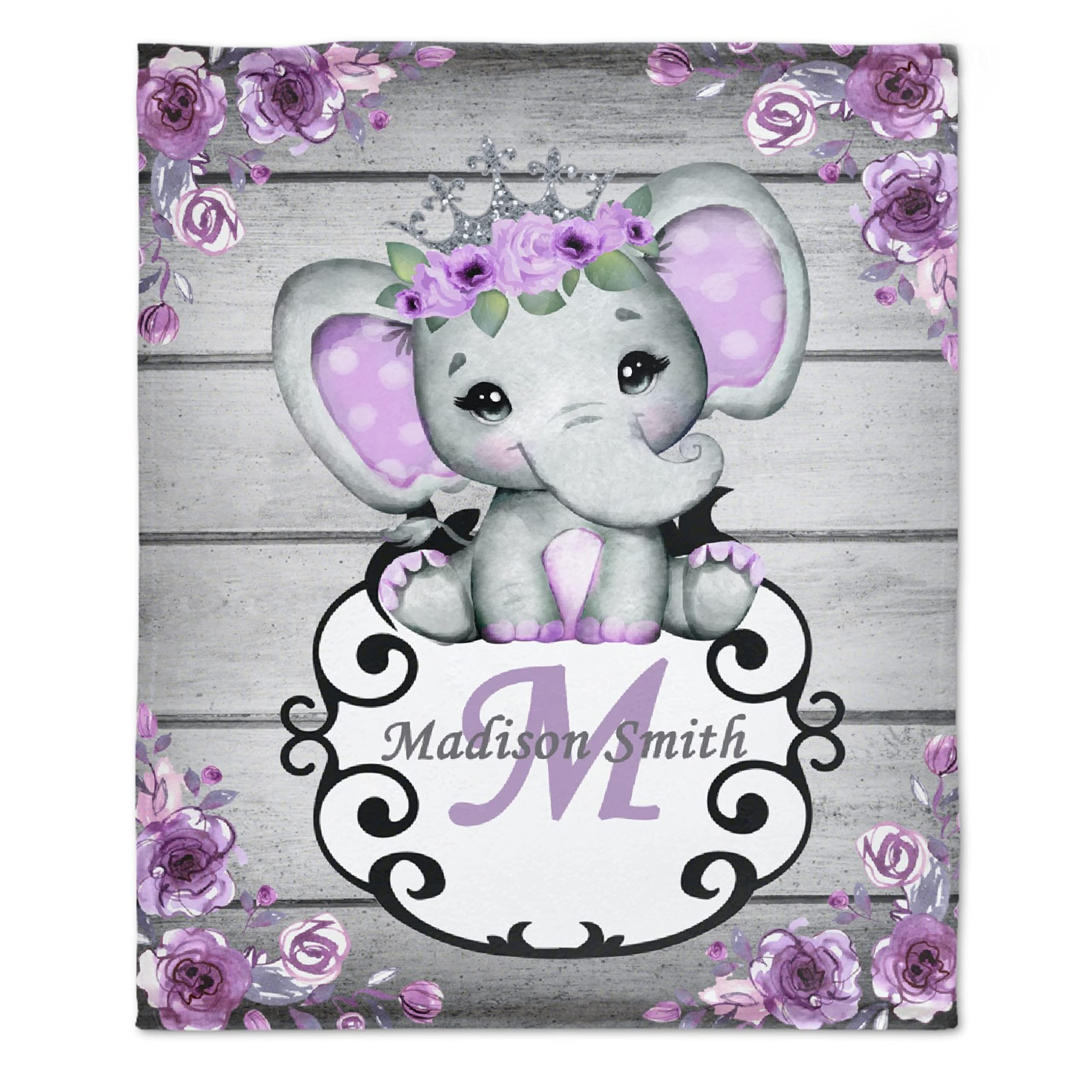 Personalized Baby Blanket with Name - Purple Floral Elephant Design Custom Fleece Blanket for Boys & Girls | Baby Shower, Birthday Gift for Daughter, Granddaughter, Niece | 120x90 Inch Large Soft Blanket for Nursery, Stroller, Travel & Family Cuddles