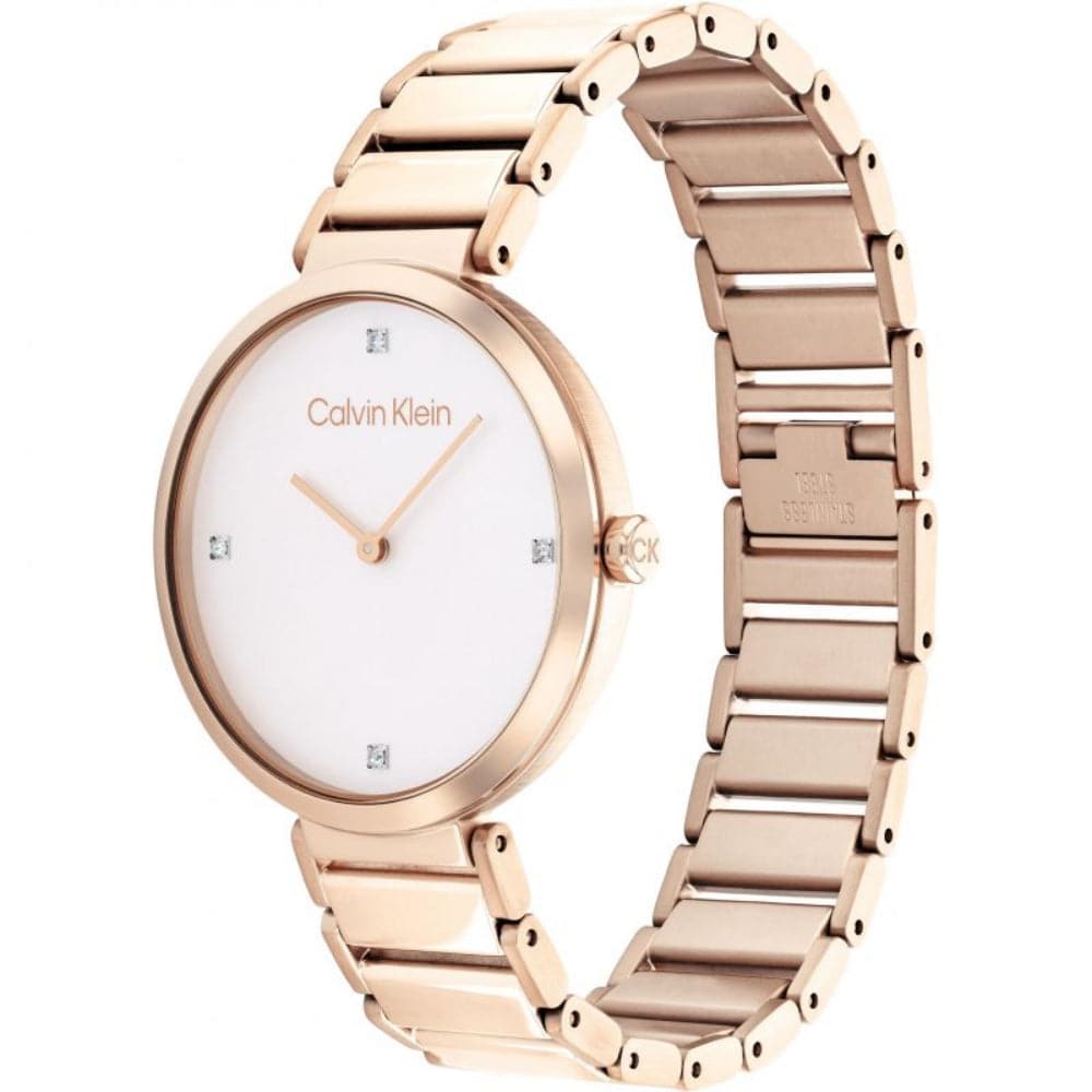 Calvin Klein Women's Minimalist White Dial Rose Gold Stainless Steel Watch 25200135 - Elegant Fashion Accessory for Office, Party & Everyday Wear