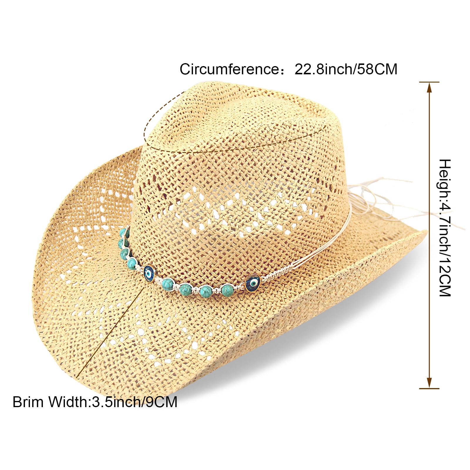 Western Cowboy Hat for Women & Men - Straw Woven Sun Hat with 2 Decorative Bands | Rodeo, Outdoor, Country Music Festival, Ranch Wear