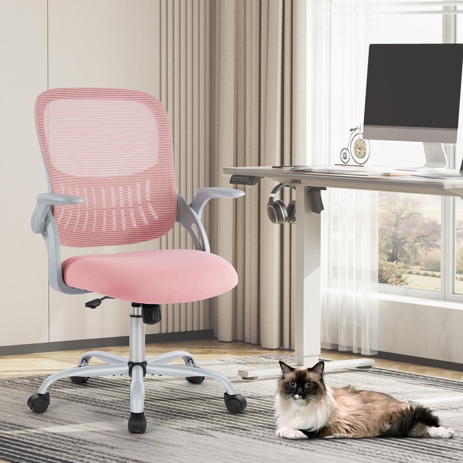 Ergonomic Mesh Office Chair with Lumbar Support - Mid Back Rolling Swivel Task Chair with Wheels & Flip-Up Arms - Comfortable Computer Desk Chair for Home Office, Study, Bedroom - Pink (Ideal for Remote Work, Online Classes & Gaming)